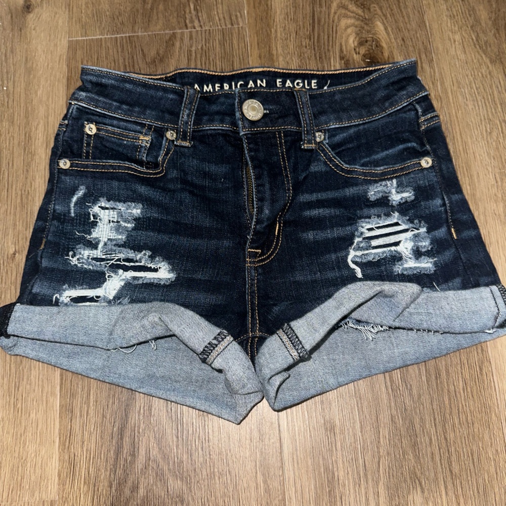 American Eagle Outfitters Women's Dark Blue Distressed Jean Shorts